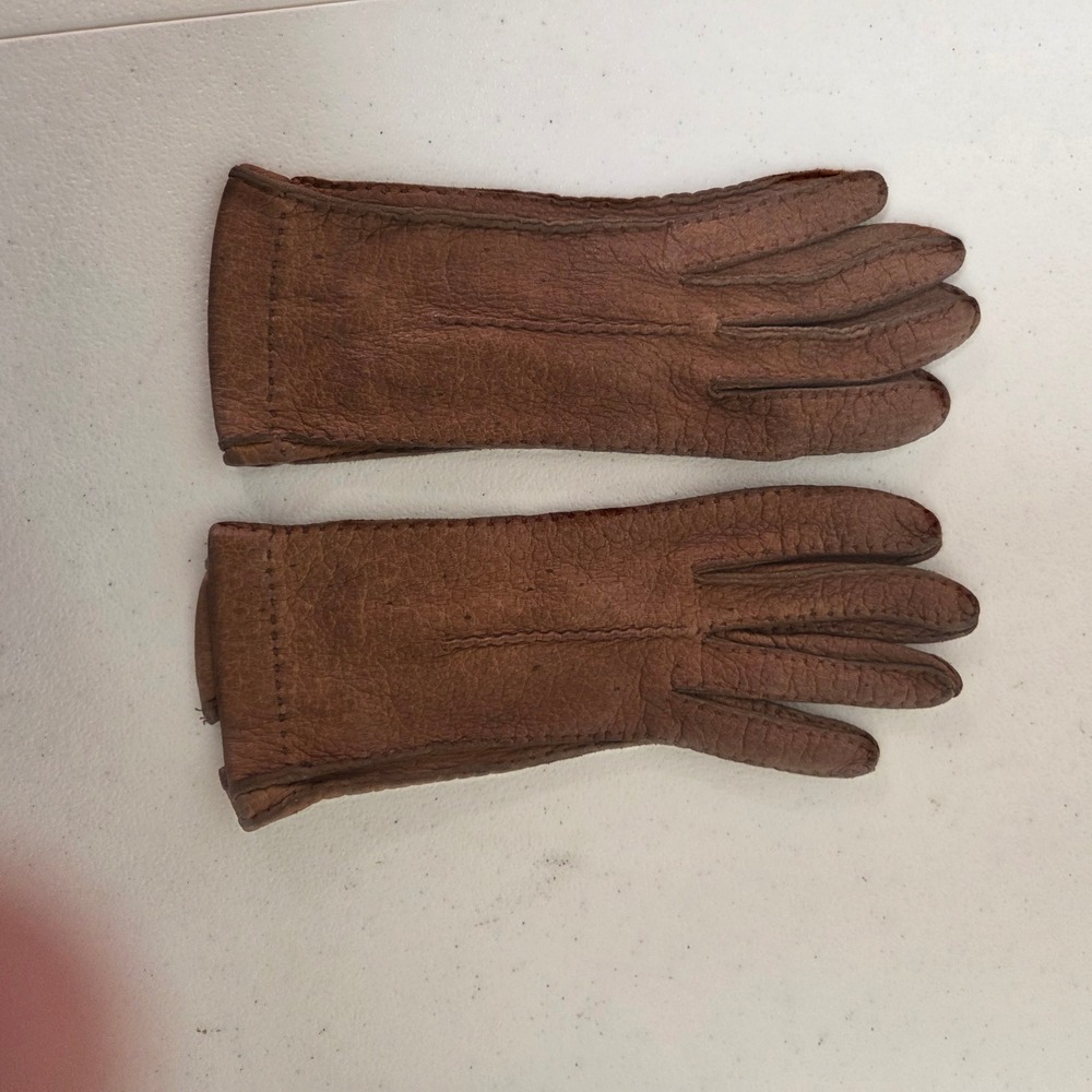 Vintage Cognac Brown Pebbled Leather Gloves Women Classic Driving Dress Small